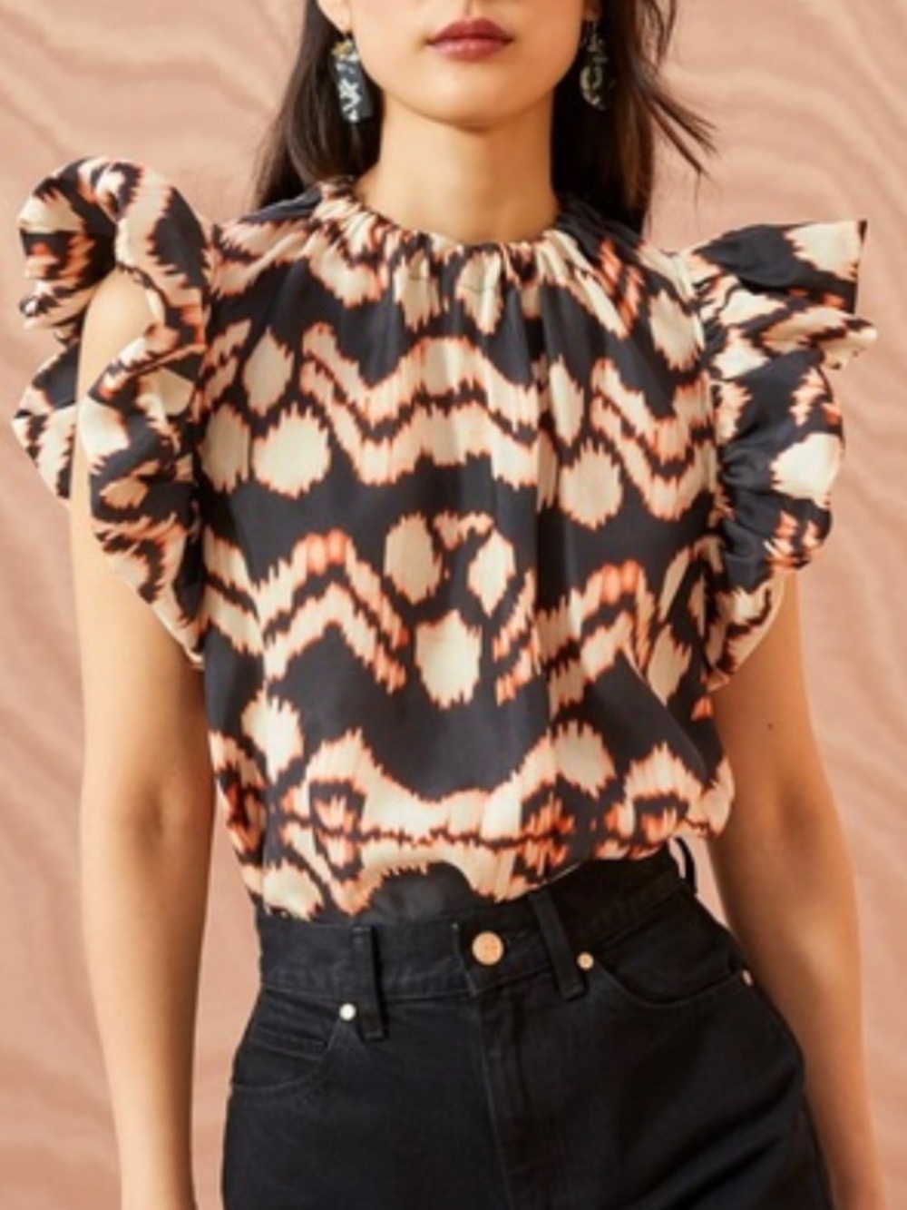 Ulla Johnson Black, Cream and Peach Ikat Flutter-Sleeve Silk Blouse
